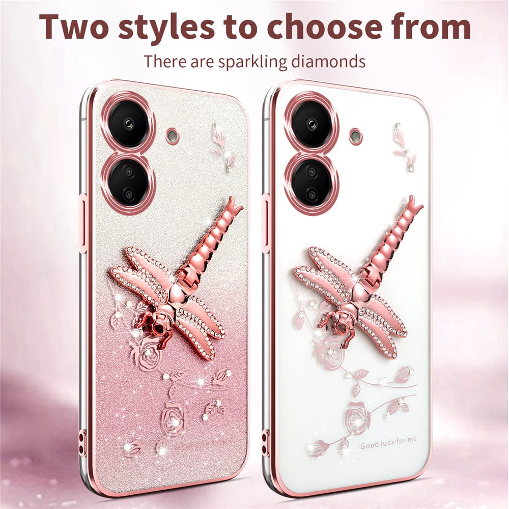 KADEM For Xiaomi Redmi 13C 4G / Poco C65 4G Case Dragonfly Kickstand TPU Flowers Glitter Phone Cover