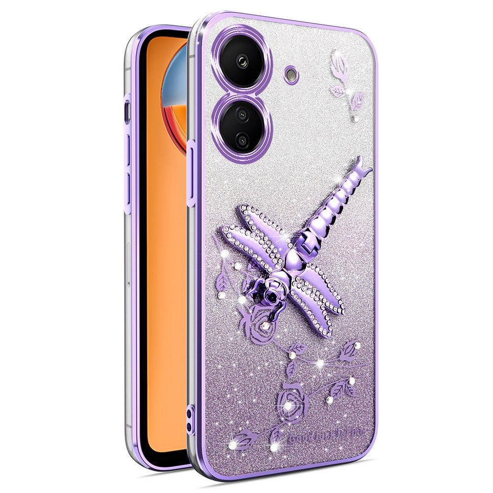 KADEM For Xiaomi Redmi 13C 4G / Poco C65 4G Case Dragonfly Kickstand TPU Flowers Glitter Phone Cover