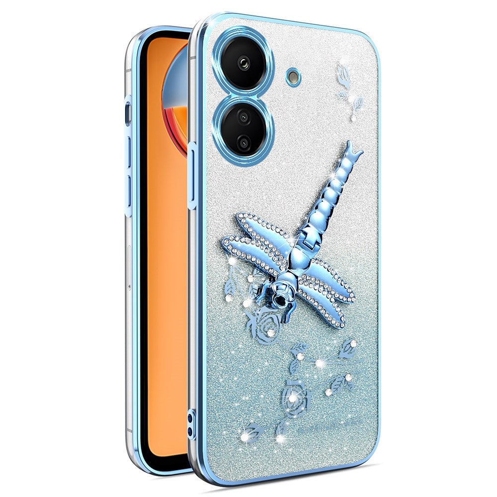 KADEM For Xiaomi Redmi 13C 4G / Poco C65 4G Case Dragonfly Kickstand TPU Flowers Glitter Phone Cover