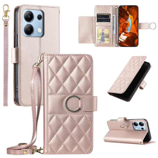 Xiaomi Redmi Note 13 4G Handyhülle – Umhängetasche aus Leder mit Ringschnalle, Brieftaschenständer, Rhombus