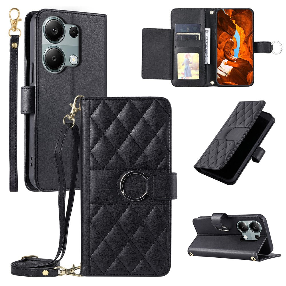 For Xiaomi Poco M6 Pro 4G / Redmi Note 13 Pro 4G Crossbody Leather Case Wallet Stand Rhombus Mobile Cover