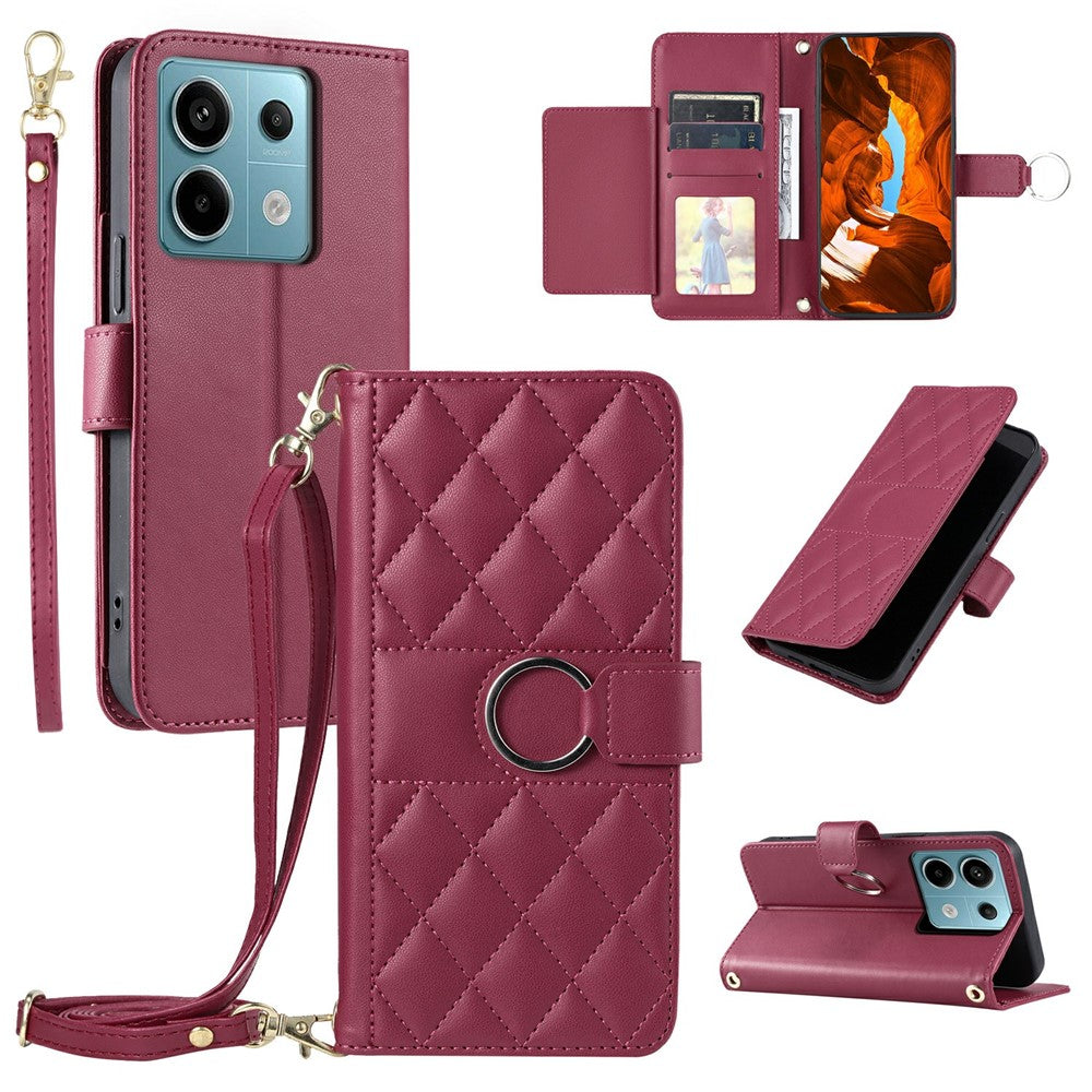 For Xiaomi Poco X6 5G / Redmi Note 13 Pro 5G Crossbody Leather Case Ring Buckle Wallet Stand Rhombus Mobile Cover