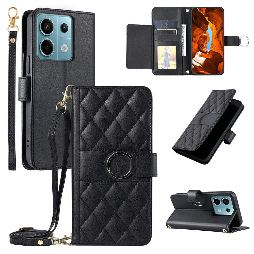 For Xiaomi Poco X6 5G / Redmi Note 13 Pro 5G Crossbody Leather Case Ring Buckle Wallet Stand Rhombus Mobile Cover