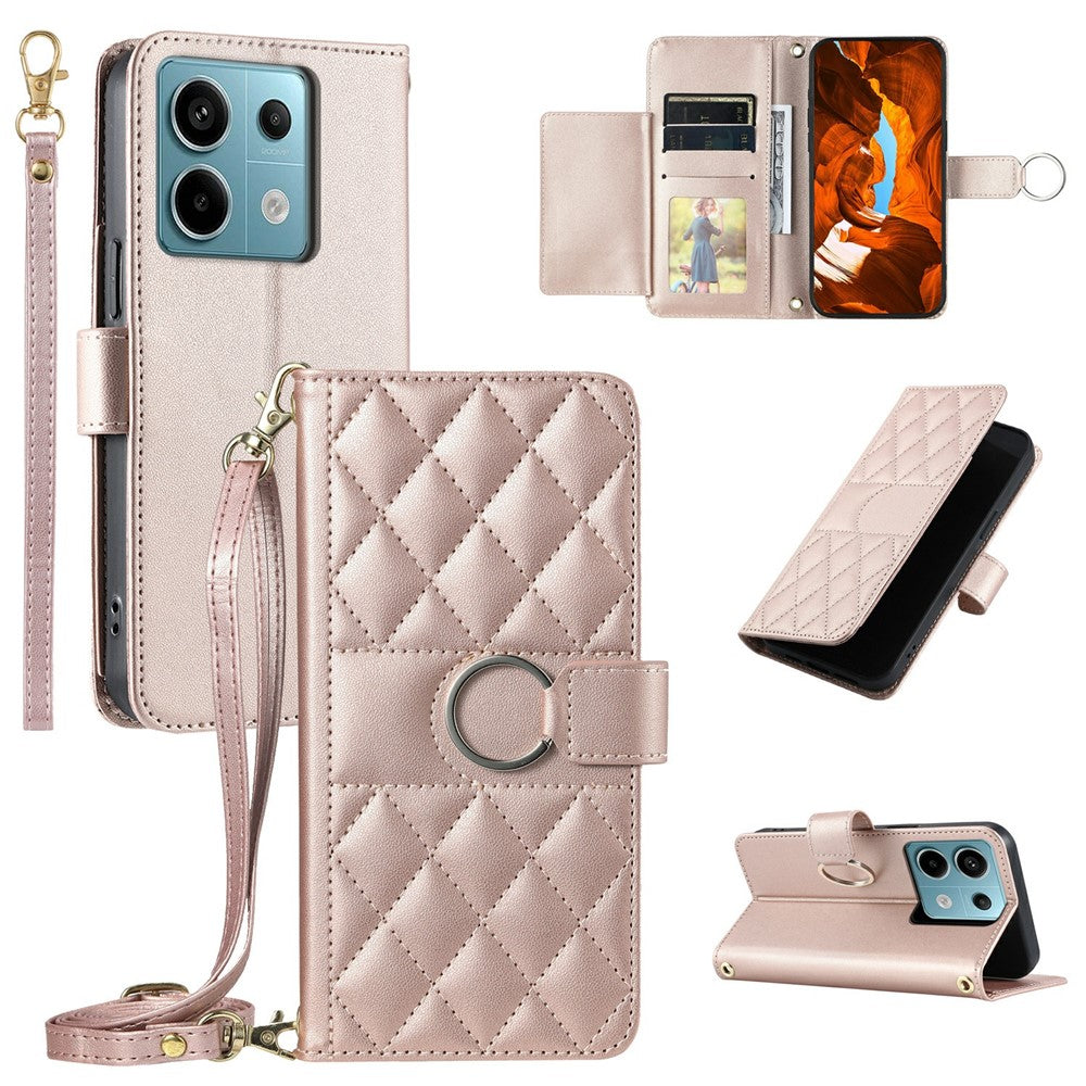 For Xiaomi Poco X6 5G / Redmi Note 13 Pro 5G Crossbody Leather Case Ring Buckle Wallet Stand Rhombus Mobile Cover