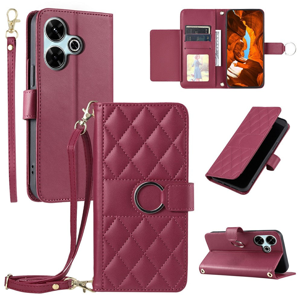 Crossbody Leather Case for Xiaomi Redmi 13 5G / 4G / Poco M6 Plus 5G / Poco M6 4G / Redmi Note 13R 5G Rhombus Mobile Cover