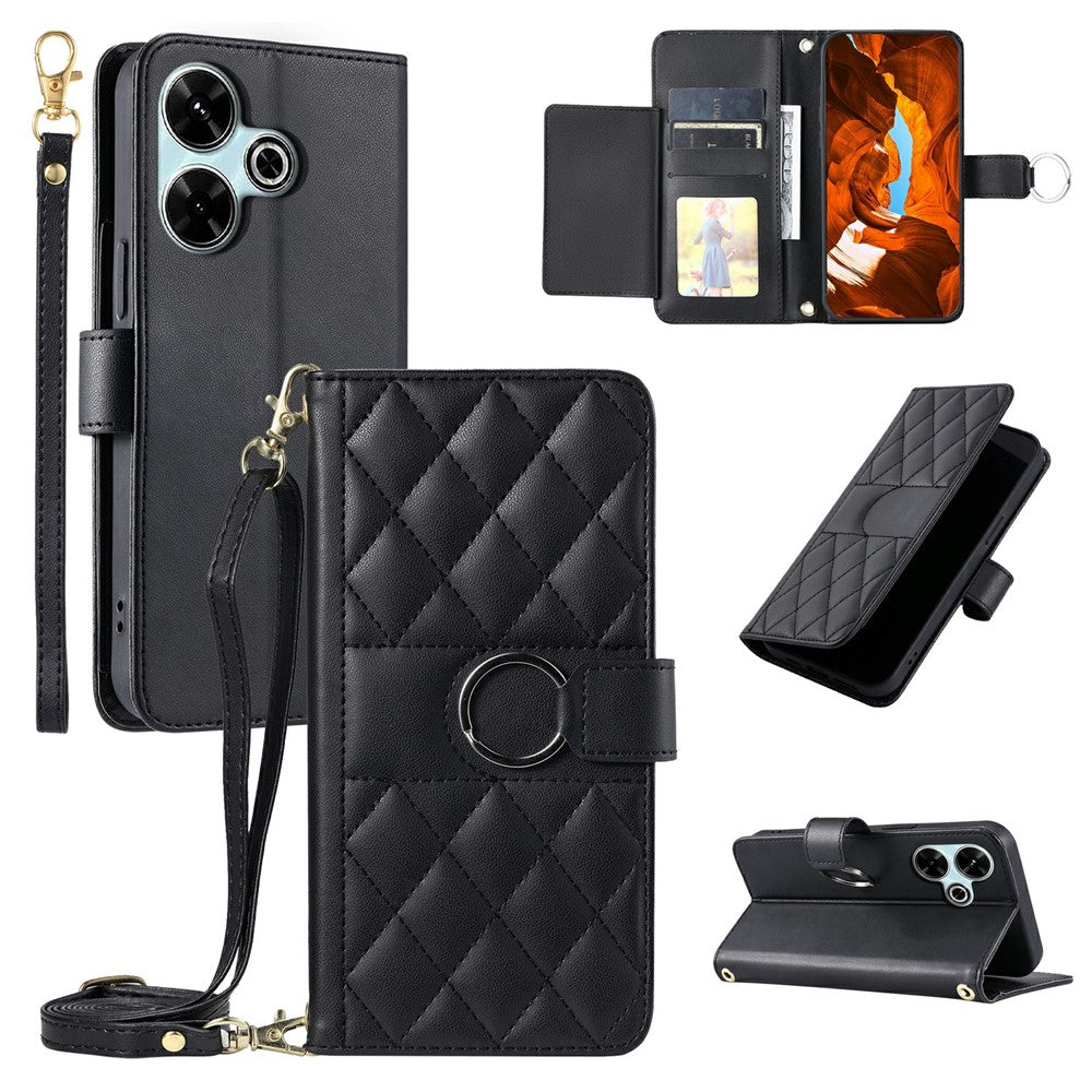 Crossbody Leather Case for Xiaomi Redmi 13 5G / 4G / Poco M6 Plus 5G / Poco M6 4G / Redmi Note 13R 5G Rhombus Mobile Cover