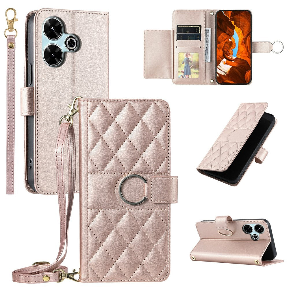 Crossbody Leather Case for Xiaomi Redmi 13 5G / 4G / Poco M6 Plus 5G / Poco M6 4G / Redmi Note 13R 5G Rhombus Mobile Cover