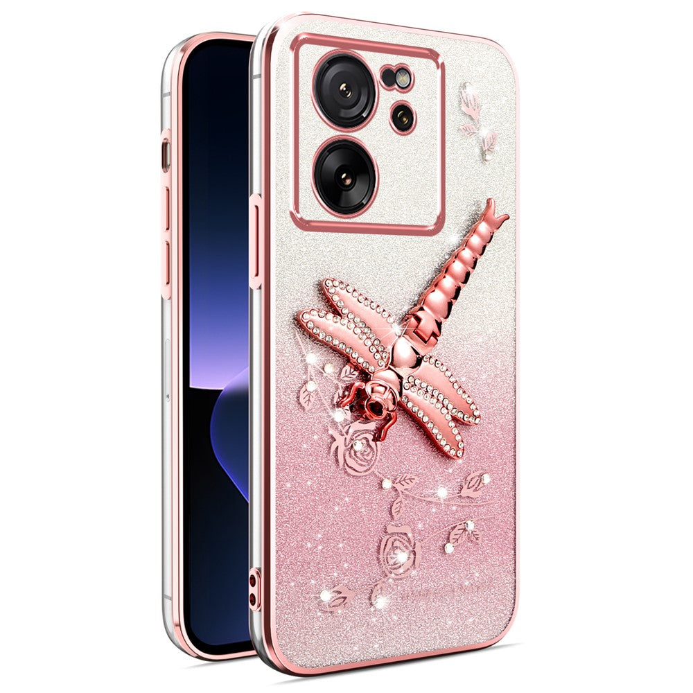 KADEM For Xiaomi 13T / 13T Pro Case Dragonfly Kickstand TPU Flowers Glitter Phone Cover