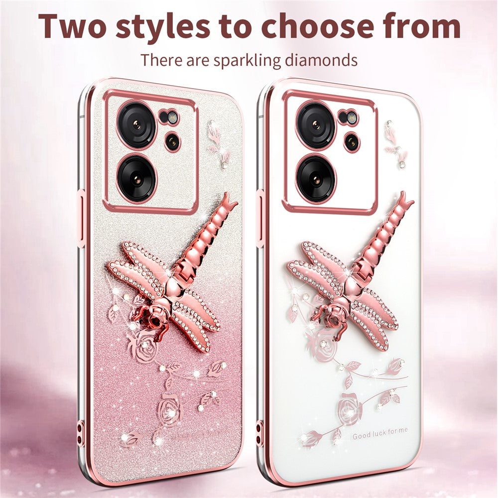 KADEM For Xiaomi 13T / 13T Pro Case Dragonfly Kickstand TPU Flowers Glitter Phone Cover