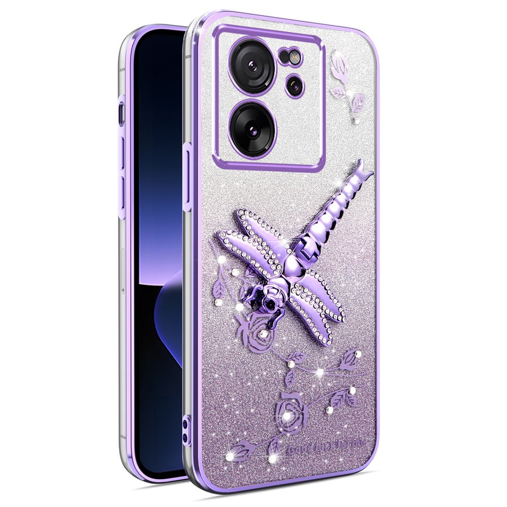 KADEM For Xiaomi 13T / 13T Pro Case Dragonfly Kickstand TPU Flowers Glitter Phone Cover