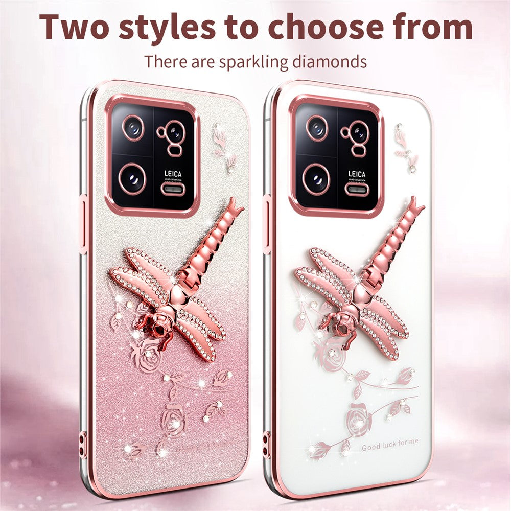 KADEM For Xiaomi 13 Case Dragonfly Kickstand TPU Flowers Glitter Phone Cover