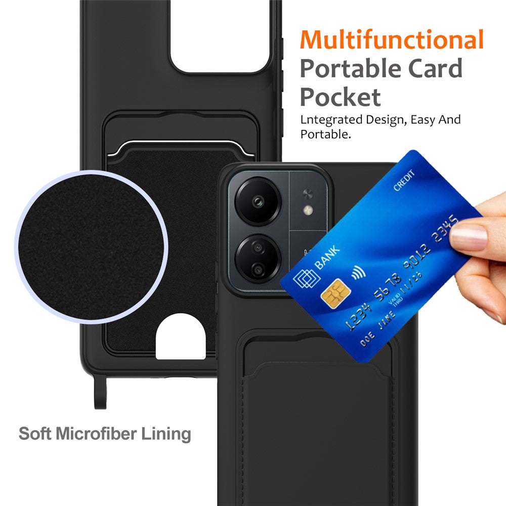 Liquid Silicone Case For Xiaomi Redmi 13C 5G  /  4G  /  Redmi 13R 5G  /  Poco M6 5G  /  Poco C65 4G Card Holder Phone Back Cover with Lanyard