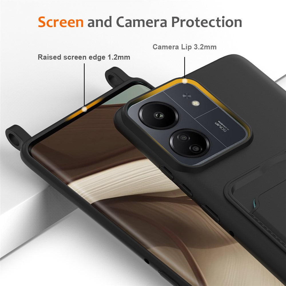 Liquid Silicone Case For Xiaomi Redmi 13C 5G  /  4G  /  Redmi 13R 5G  /  Poco M6 5G  /  Poco C65 4G Card Holder Phone Back Cover with Lanyard