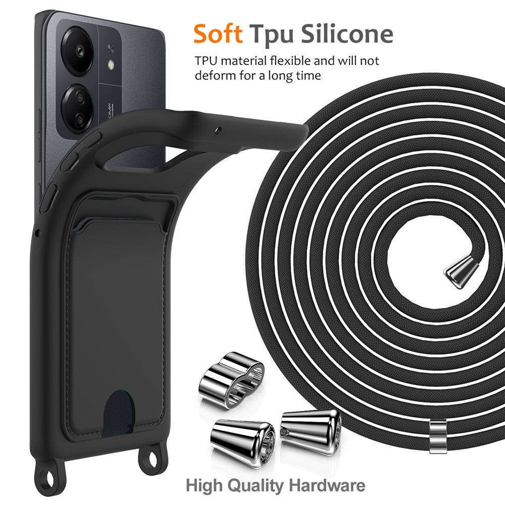 Liquid Silicone Case For Xiaomi Redmi 13C 5G  /  4G  /  Redmi 13R 5G  /  Poco M6 5G  /  Poco C65 4G Card Holder Phone Back Cover with Lanyard