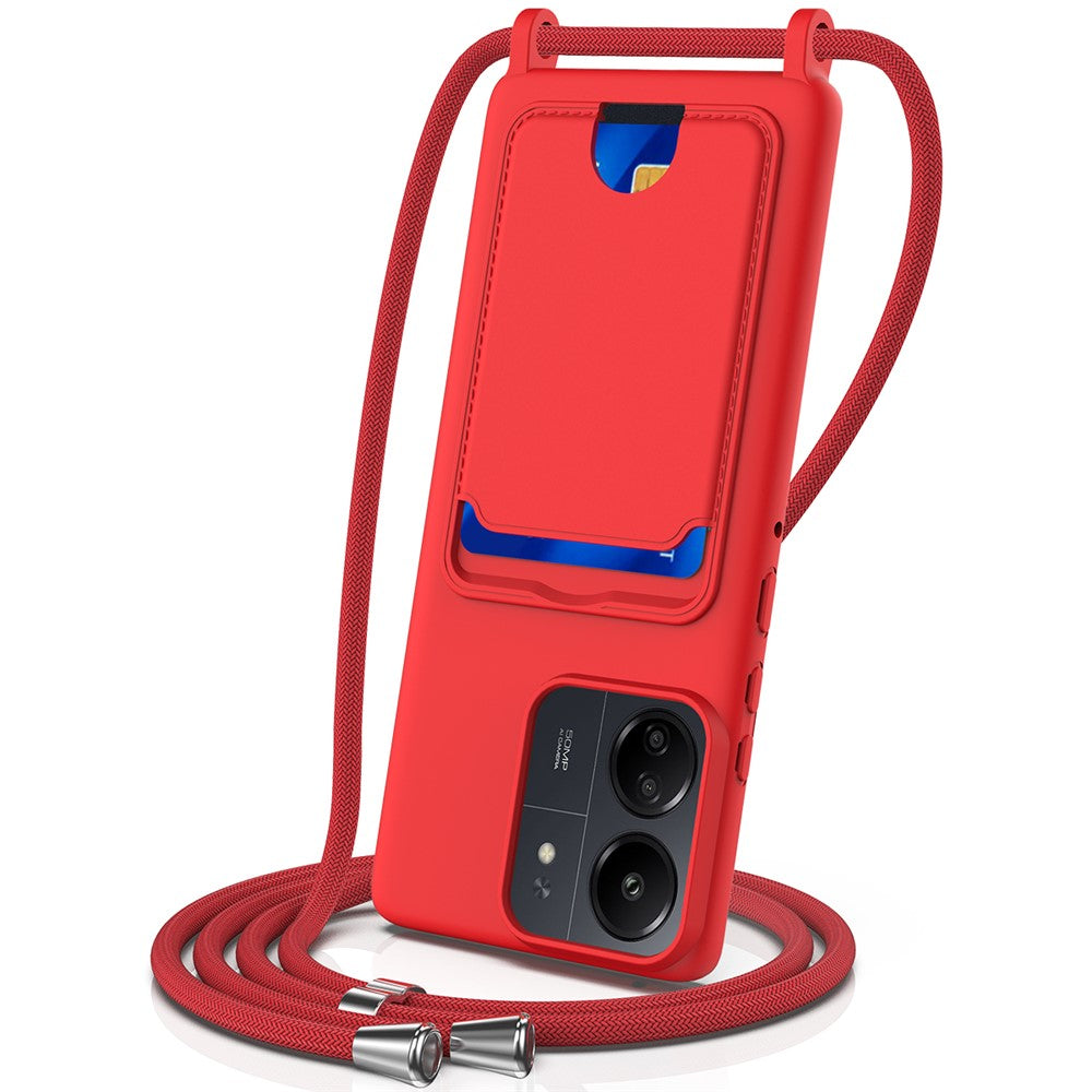 Liquid Silicone Case For Xiaomi Redmi 13C 5G  /  4G  /  Redmi 13R 5G  /  Poco M6 5G  /  Poco C65 4G Card Holder Phone Back Cover with Lanyard