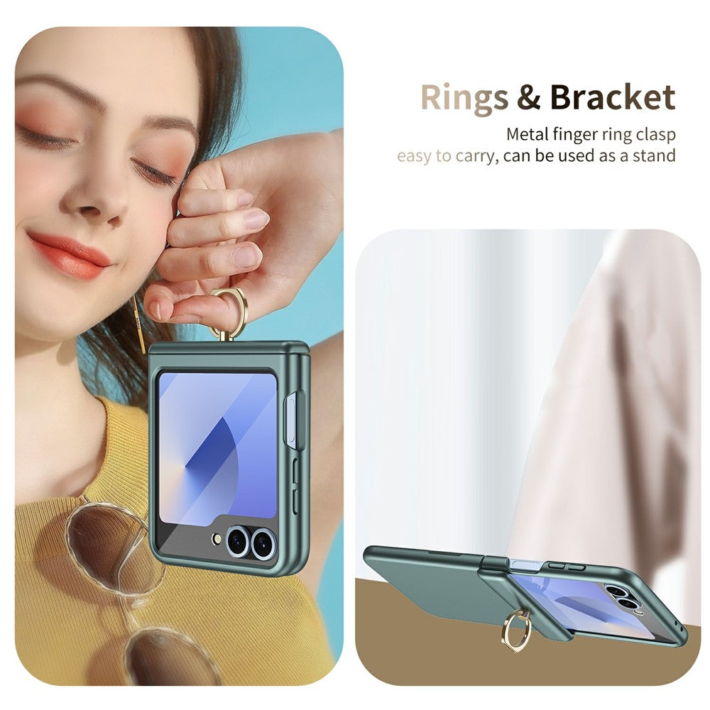 For Samsung Galaxy Z Flip5 5G Case with Tempered Glass Film Ring Holder Kickstand PC Phone Cover
