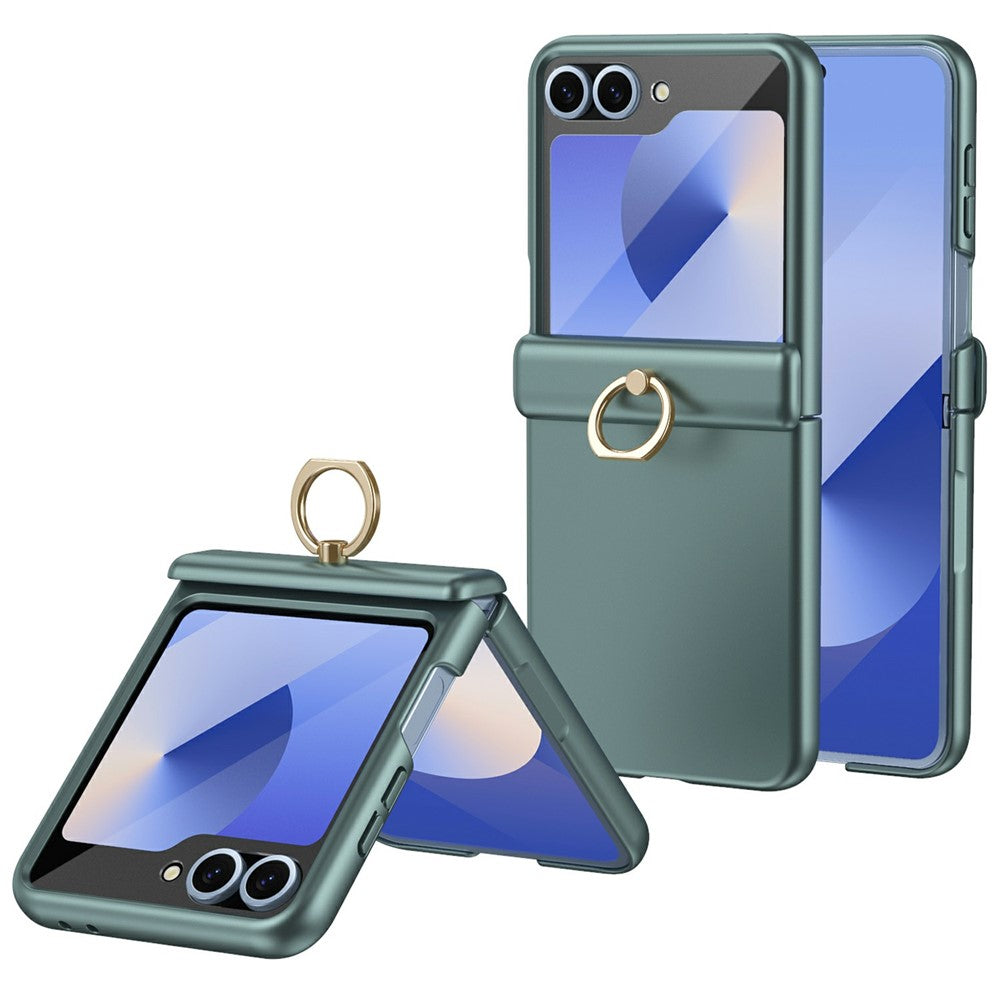 For Samsung Galaxy Z Flip7 FE 5G / Z Flip6 5G Case with Tempered Glass Film Ring Holder Kickstand PC Phone Cover