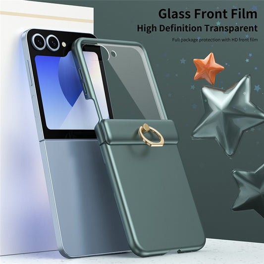 Galaxy Z Flip7 FE 5G / Galaxy Z Flip6 5G – Handyhülle aus Metall, Kunststoff und gehärtetem Glas, mit Ständer, mit Ringhalter, mit Displayschutz