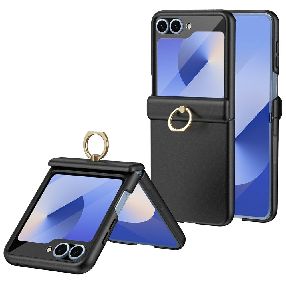 For Samsung Galaxy Z Flip7 FE 5G / Z Flip6 5G Case with Tempered Glass Film Ring Holder Kickstand PC Phone Cover