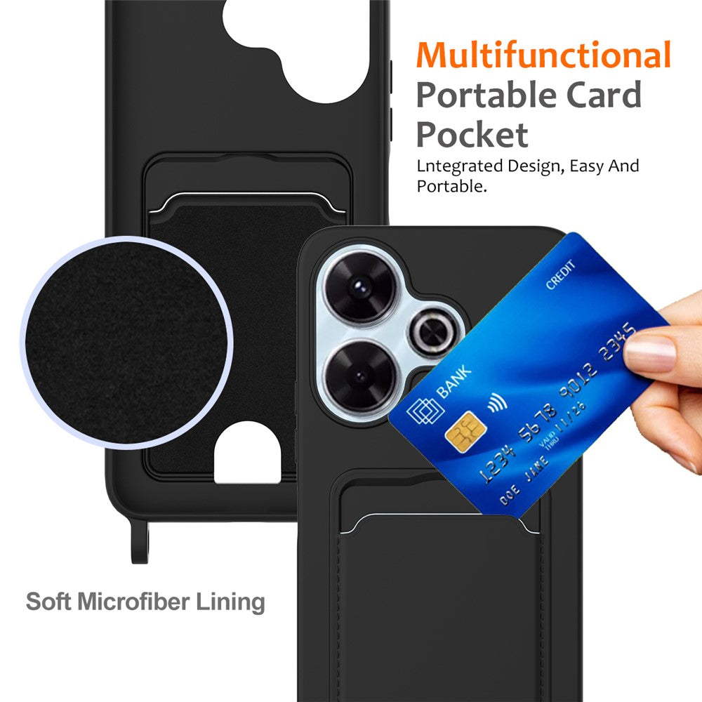 Liquid Silicone Case For Xiaomi Redmi 13 4G / 5G / 13R 5G / Note 13R 5G / Poco M6 4G / M6 Plus 5G Card Holder Back Phone Cover with Lanyard