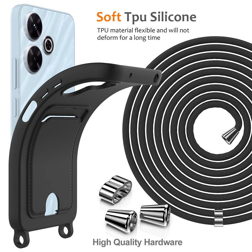 Liquid Silicone Case For Xiaomi Redmi 13 4G / 5G / 13R 5G / Note 13R 5G / Poco M6 4G / M6 Plus 5G Card Holder Back Phone Cover with Lanyard