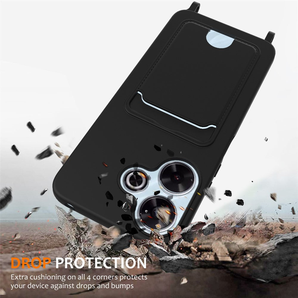 Liquid Silicone Case For Xiaomi Redmi 13 4G / 5G / 13R 5G / Note 13R 5G / Poco M6 4G / M6 Plus 5G Card Holder Back Phone Cover with Lanyard