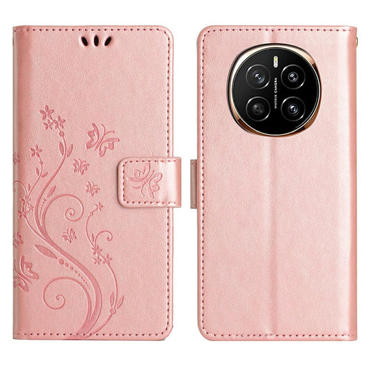 Honor Magic7 5G Handyhülle – Leder-Geldbörsen- mit Schmetterlingsblumen-Aufdruck und Riemen