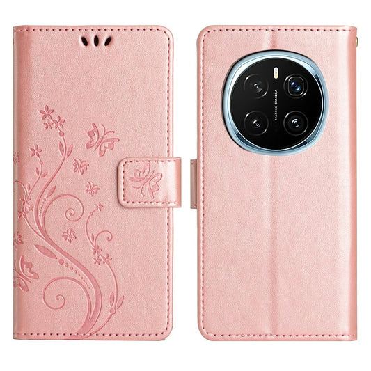 Honor Magic7 Pro 5G Handyhülle – Leder-Geldbörsen- mit Schmetterlingsblumen-Aufdruck und Riemen