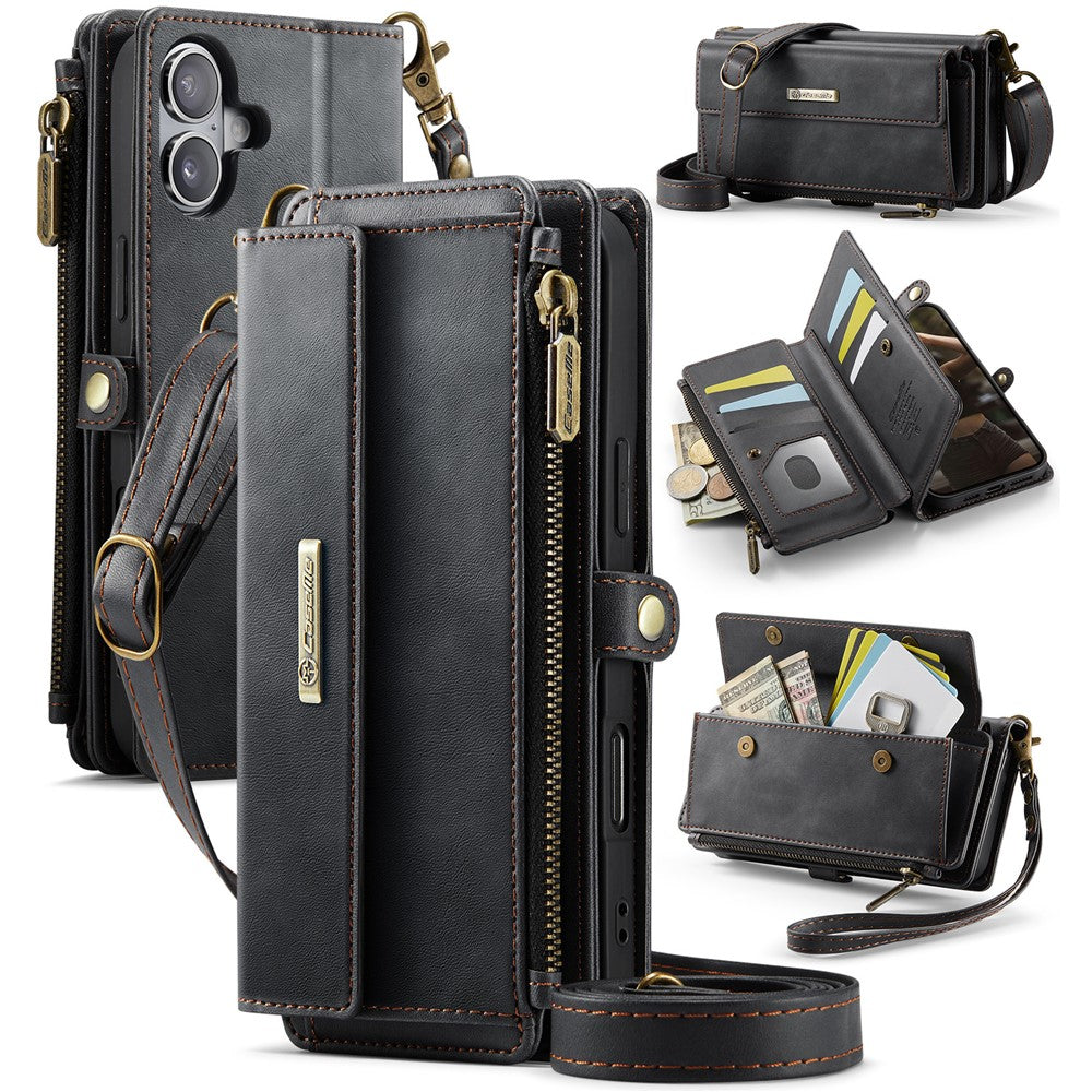 iPhone 16 Wallet-Hülle – Mit RFID-blockierende Reißverschluss-Brieftasche, Ständer & Riemen