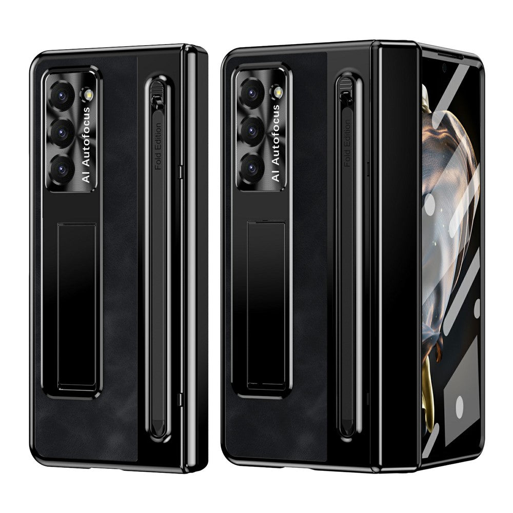 For Samsung Galaxy Z Fold Special Case Leather+PC Kickstand Phone Cover with Tempered Glass Film, Stylus