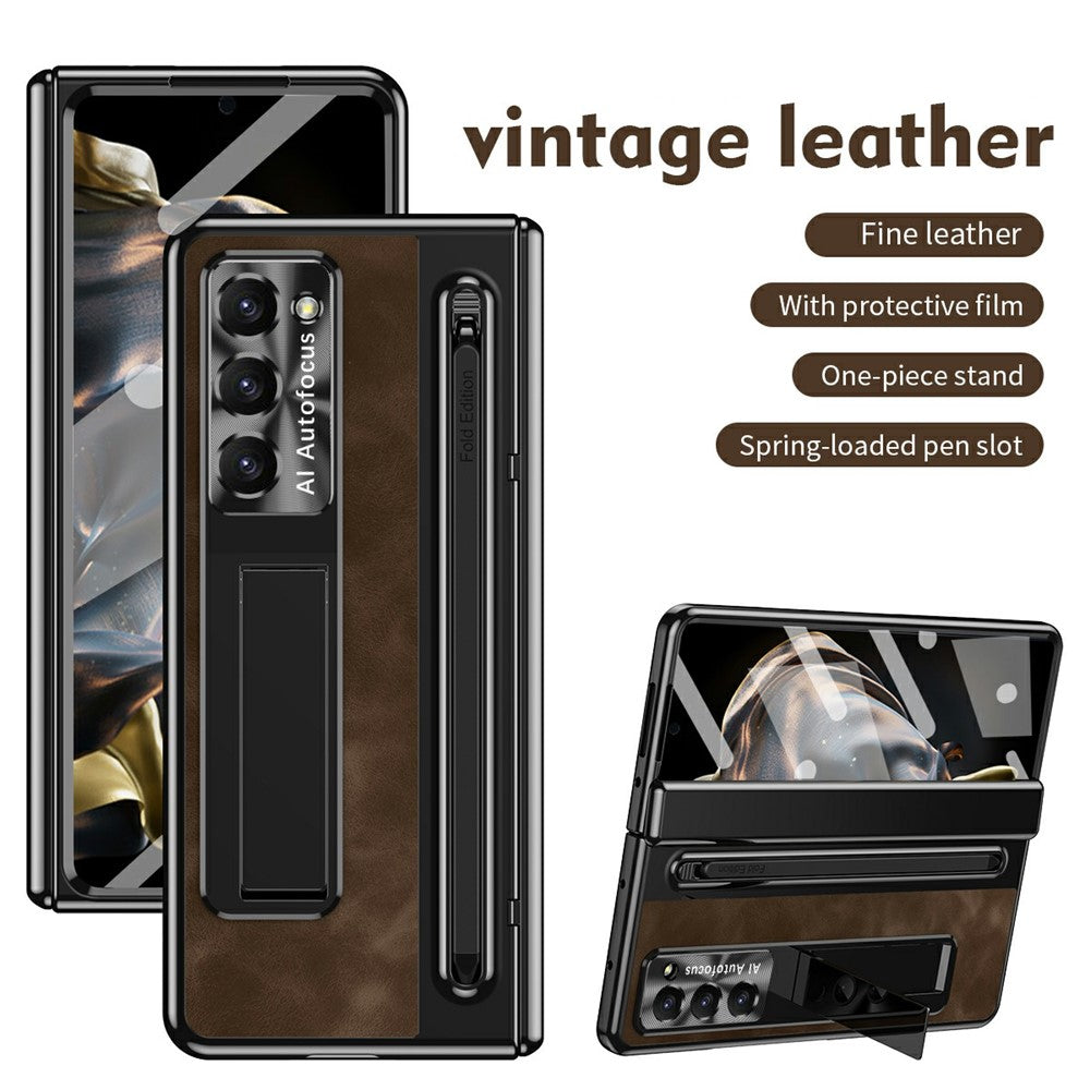For Samsung Galaxy Z Fold Special Case Leather+PC Kickstand Phone Cover with Tempered Glass Film, Stylus