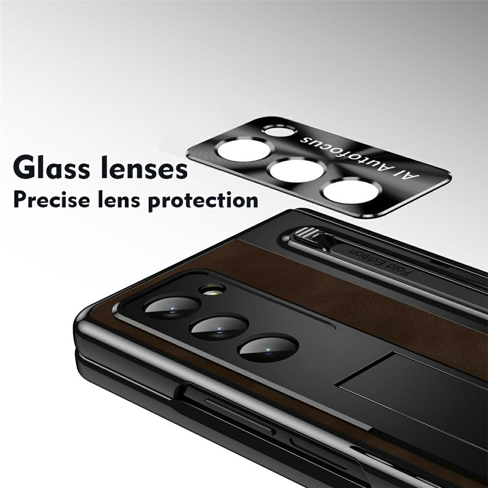 For Samsung Galaxy Z Fold Special Case Leather+PC Kickstand Phone Cover with Tempered Glass Film, Stylus