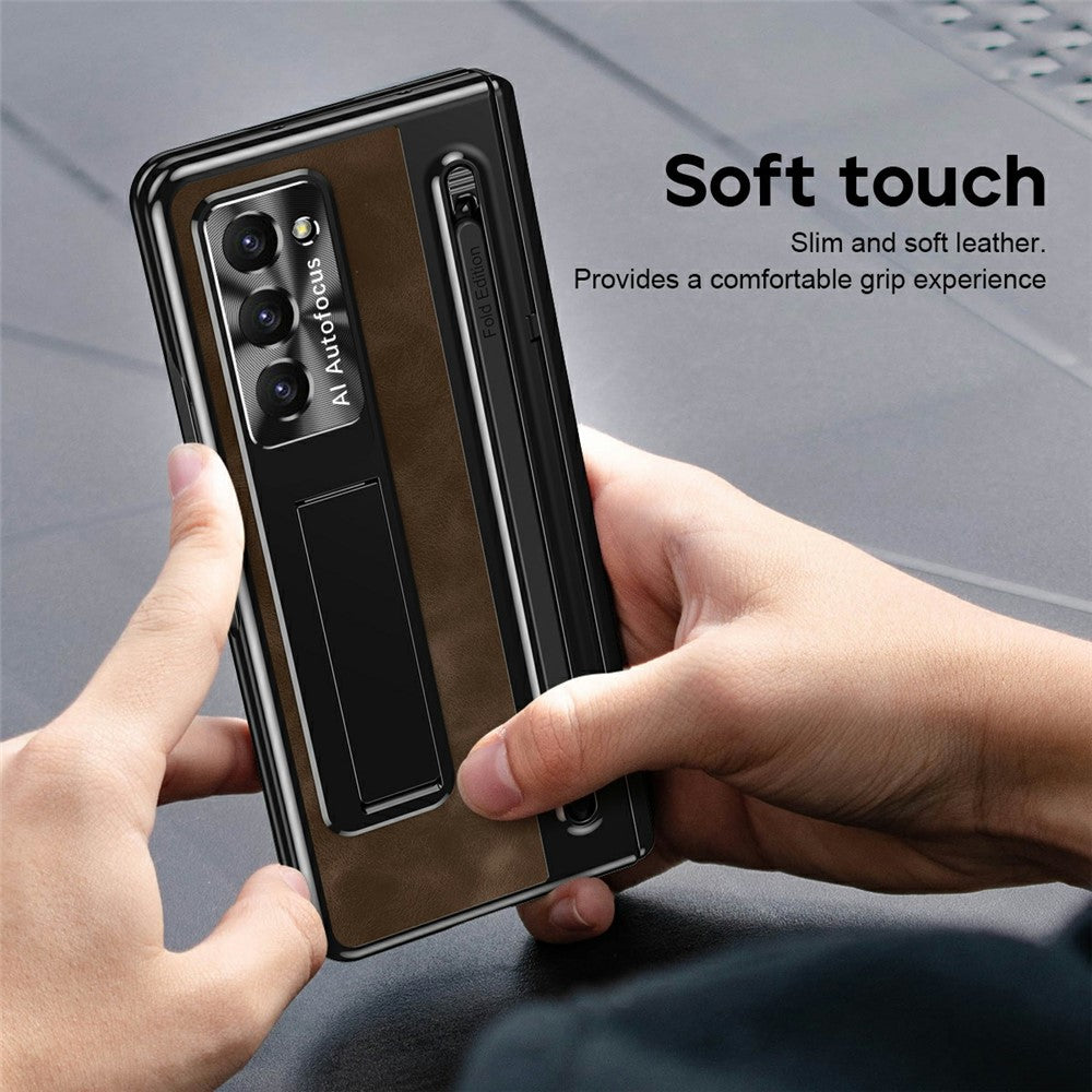 For Samsung Galaxy Z Fold Special Case Leather+PC Kickstand Phone Cover with Tempered Glass Film, Stylus