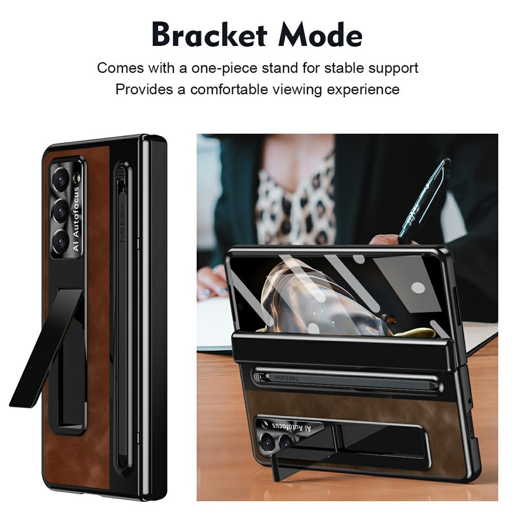 For Samsung Galaxy Z Fold Special Case Leather+PC Kickstand Phone Cover with Tempered Glass Film, Stylus