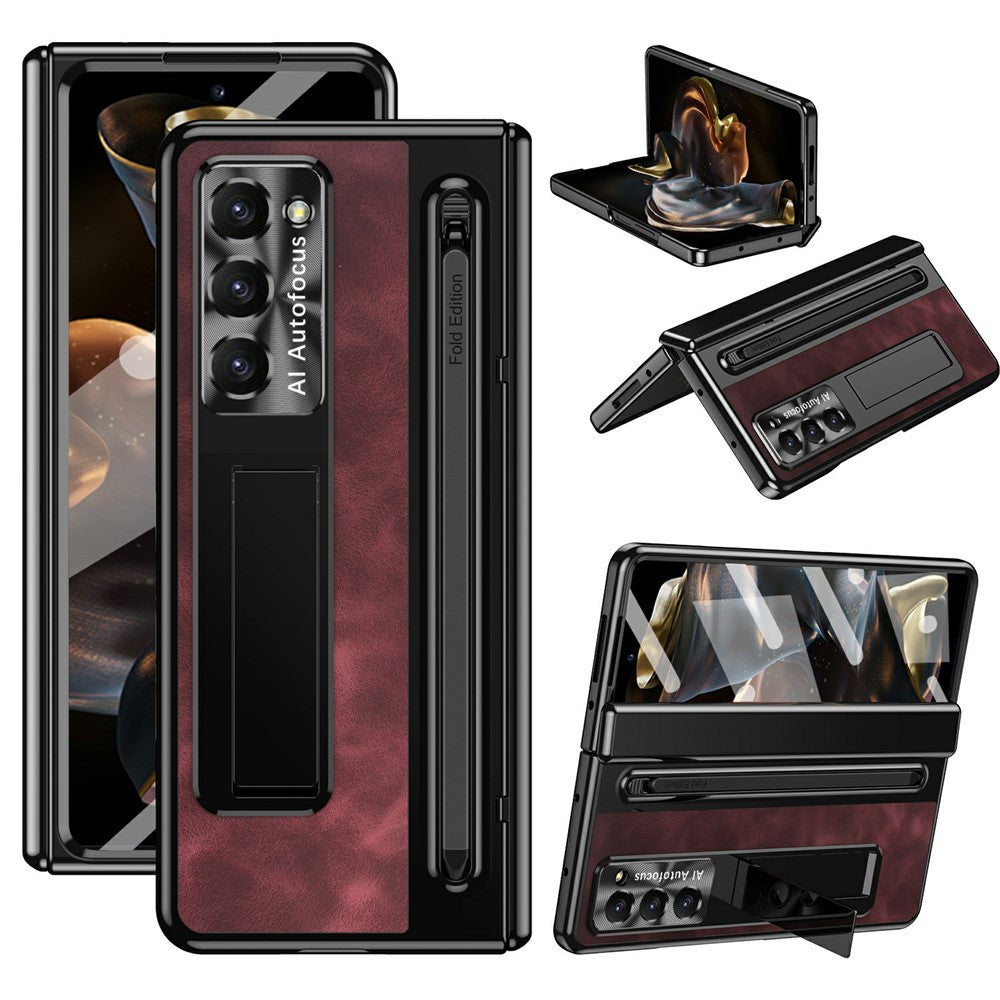 For Samsung Galaxy Z Fold Special Case Leather+PC Kickstand Phone Cover with Tempered Glass Film, Stylus