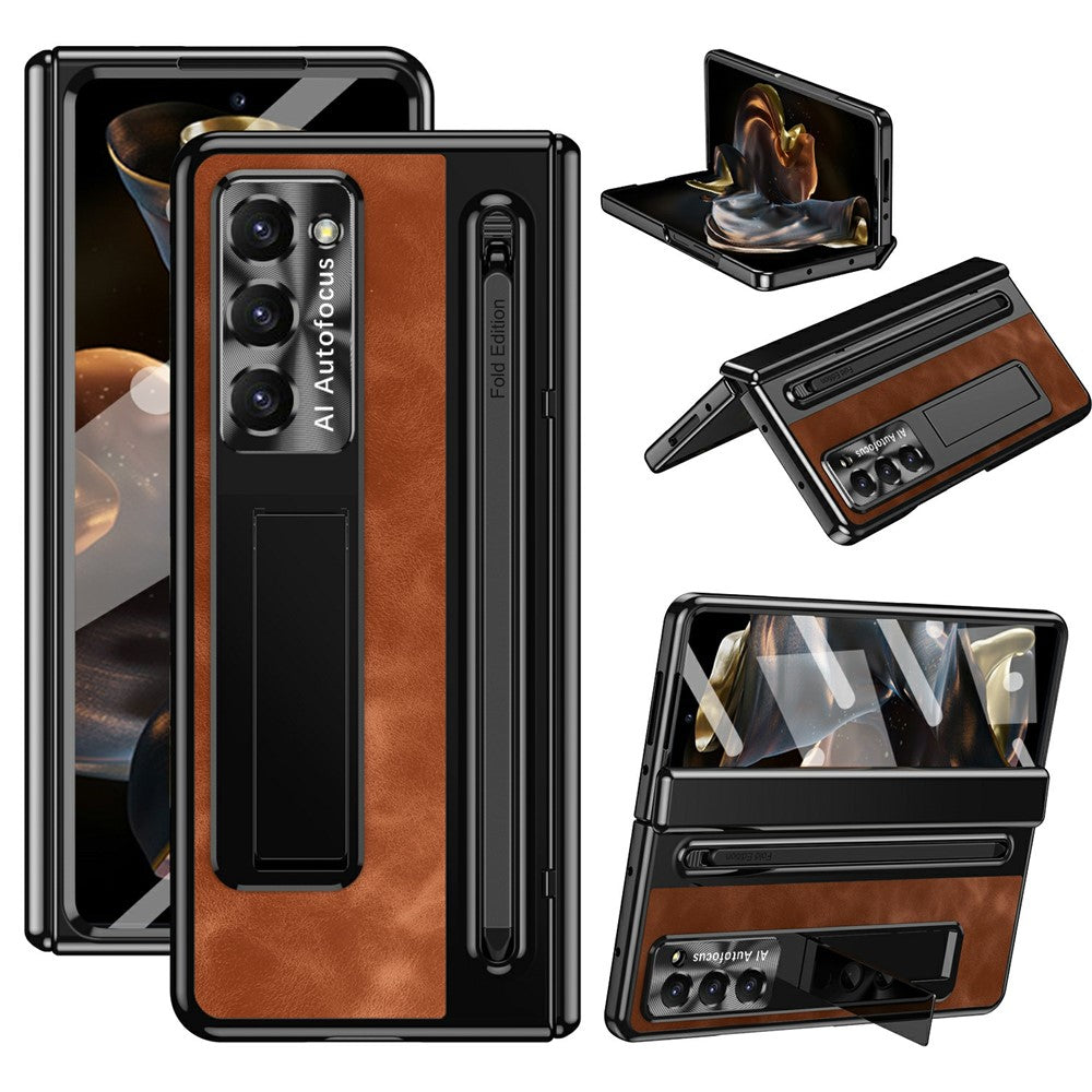 For Samsung Galaxy Z Fold Special Case Leather+PC Kickstand Phone Cover with Tempered Glass Film, Stylus