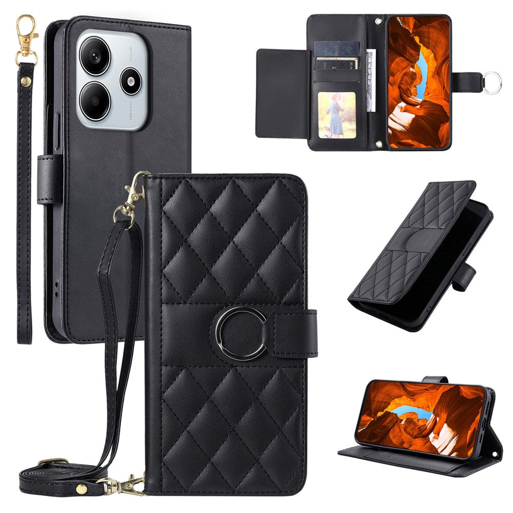For Xiaomi Redmi Note 14 5G Crossbody Leather Case Ring Buckle Wallet Stand Rhombus Mobile Cover
