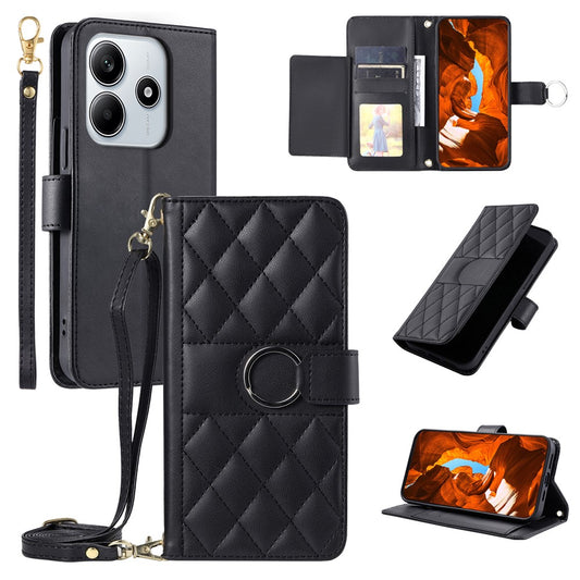 Xiaomi Redmi Note 14 5G Handyhülle – Umhängetasche aus Leder mit Ringschnalle, Brieftaschenständer, Rhombus