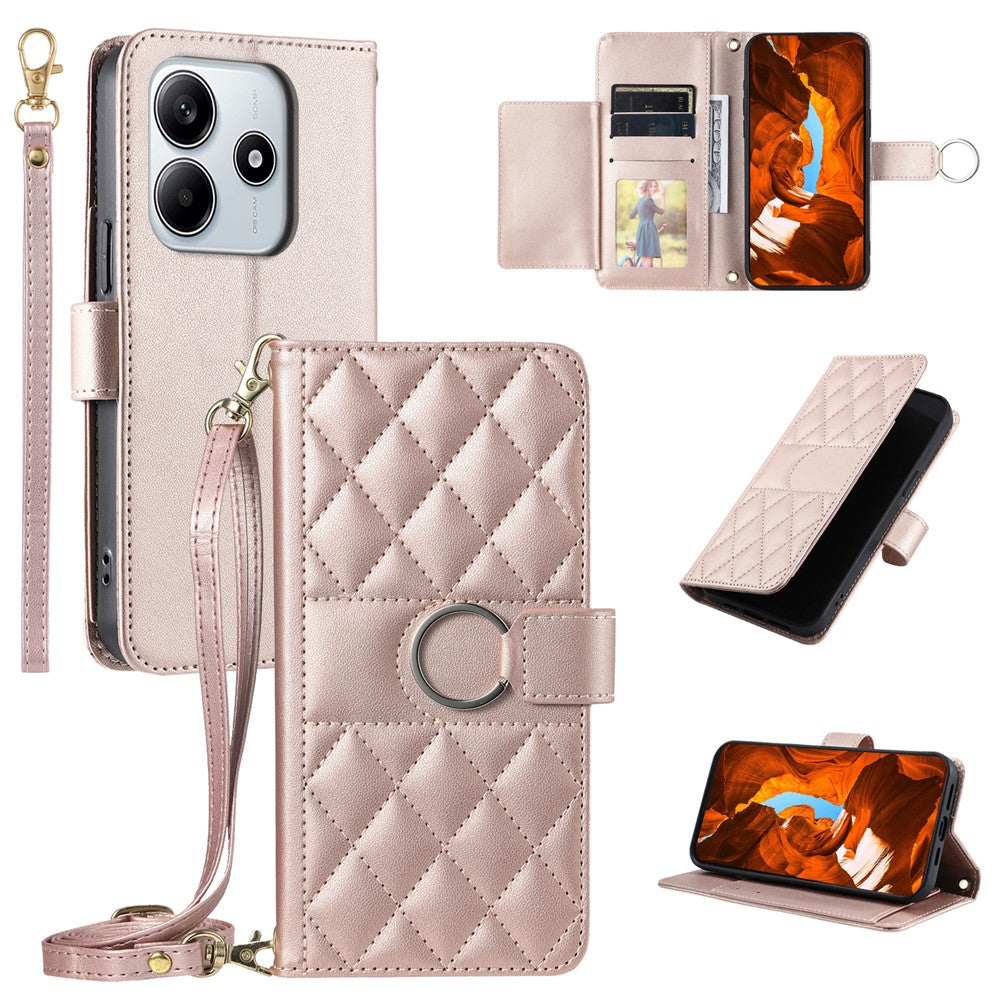 For Xiaomi Redmi Note 14 5G Crossbody Leather Case Ring Buckle Wallet Stand Rhombus Mobile Cover