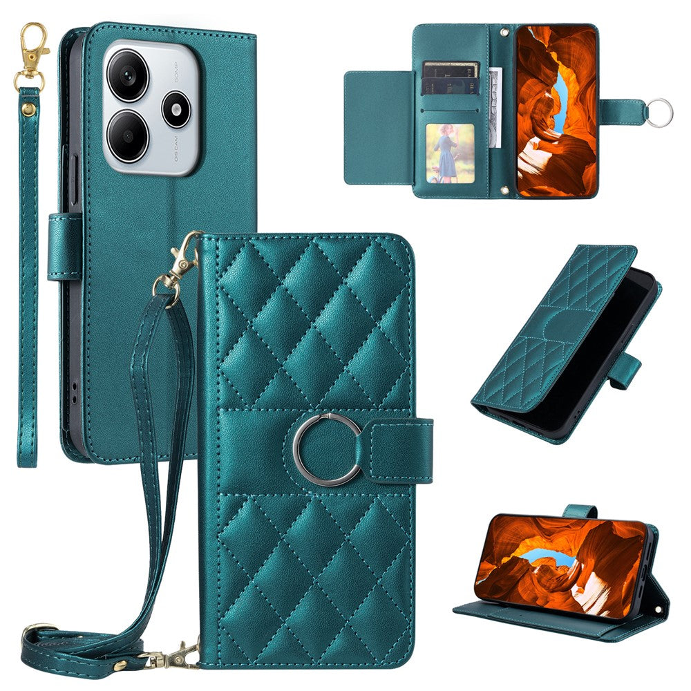 For Xiaomi Redmi Note 14 5G Crossbody Leather Case Ring Buckle Wallet Stand Rhombus Mobile Cover