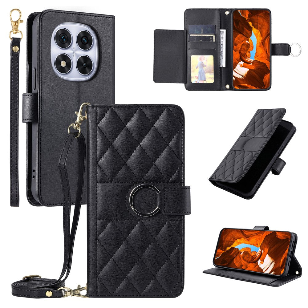 For Xiaomi Redmi Note 14 Pro+ 5G / Note 14 Pro 5G / Poco X7 5G Crossbody Leather Case Ring Buckle Wallet Stand Rhombus Mobile Cover