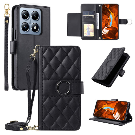 Xiaomi 14T Handyhülle – Umhängetasche aus Leder mit Ringschnalle, Brieftaschenständer, Rhombus
