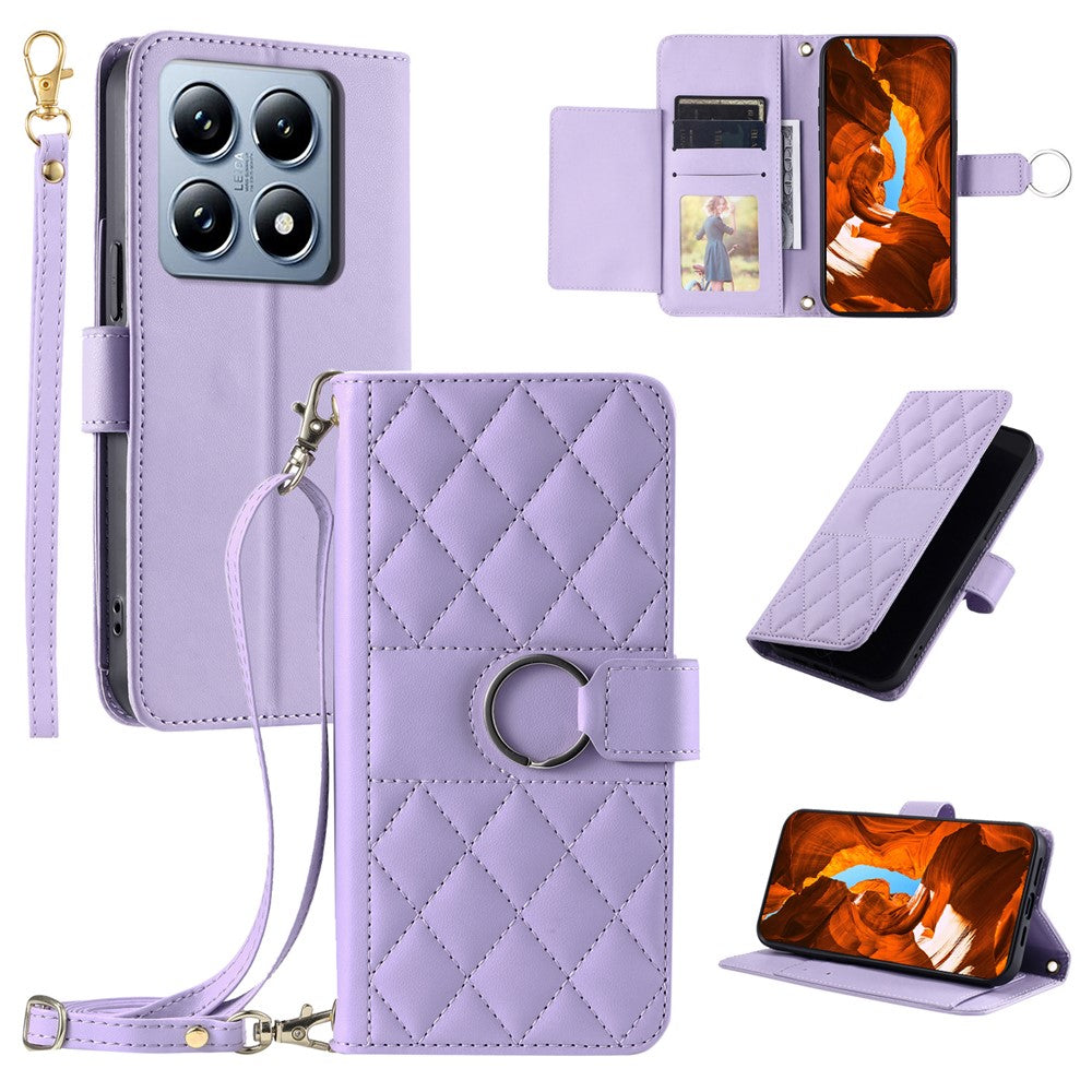 For Xiaomi 14T Crossbody Leather Case Ring Buckle Wallet Stand Rhombus Mobile Cover