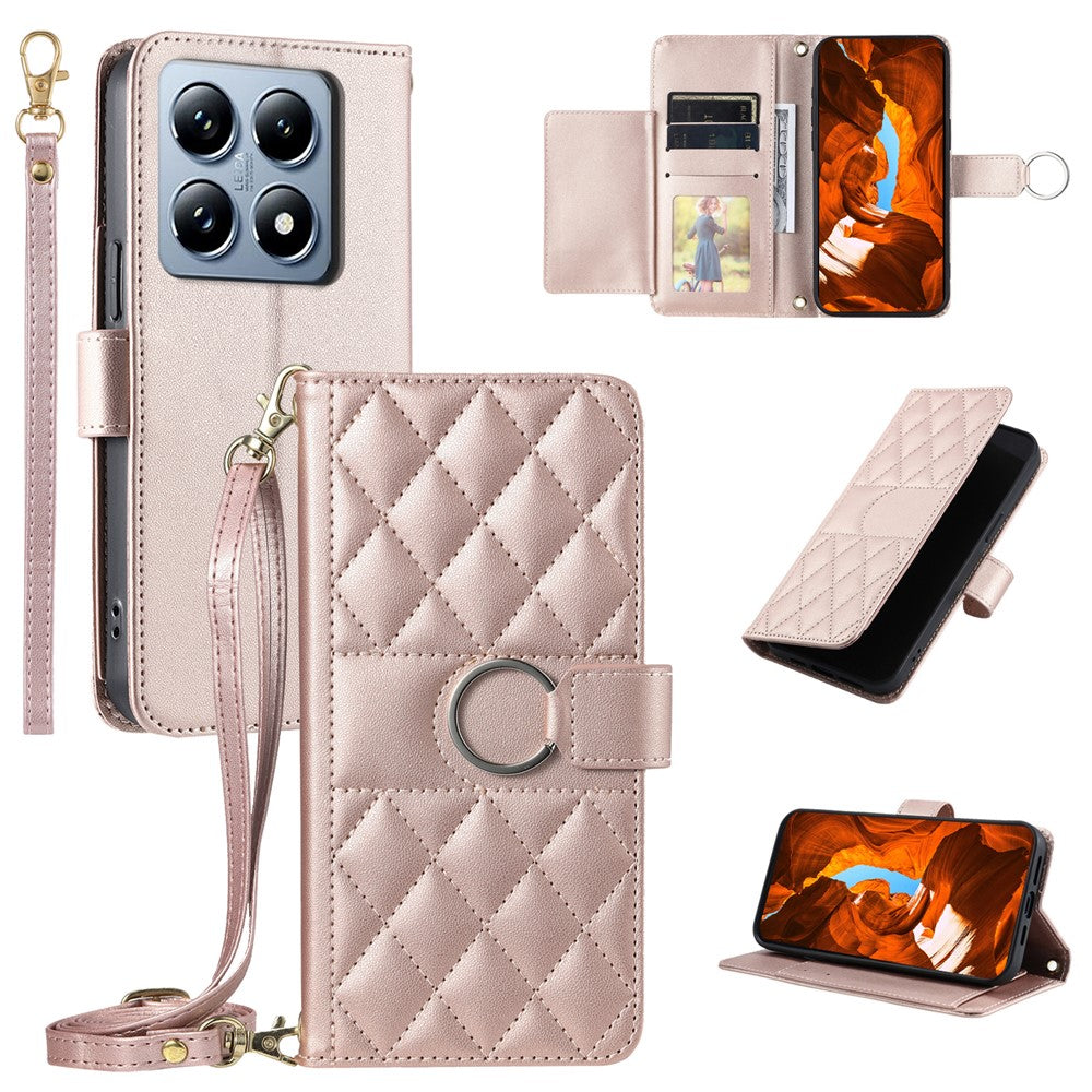 For Xiaomi 14T Crossbody Leather Case Ring Buckle Wallet Stand Rhombus Mobile Cover