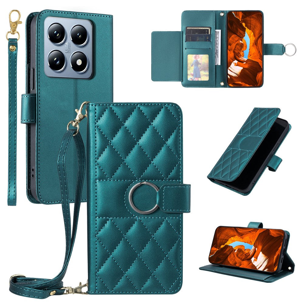 For Xiaomi 14T Crossbody Leather Case Ring Buckle Wallet Stand Rhombus Mobile Cover