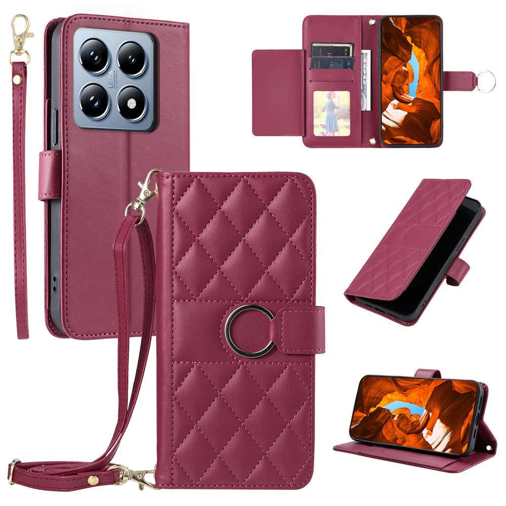 For Xiaomi 14T Crossbody Leather Case Ring Buckle Wallet Stand Rhombus Mobile Cover