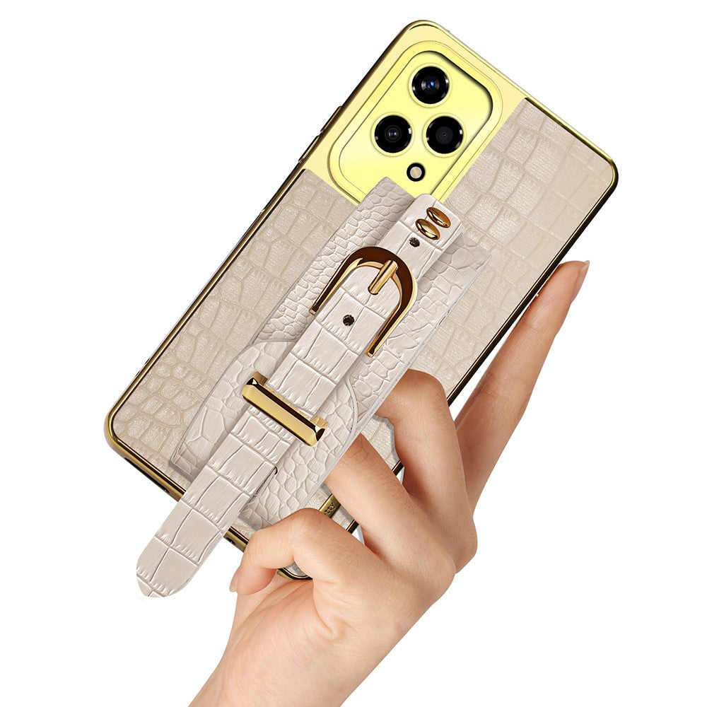 Honor 200 Lite Handyhülle – Schutzhülle mit Armband & Ständer, aus Leder in Krokodiloptik + TPU-galvanisiert