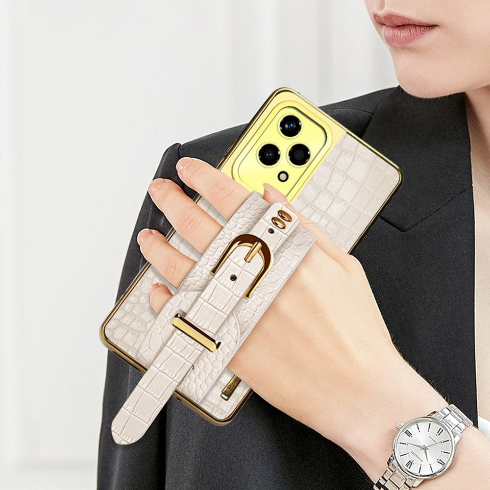 Honor 200 Lite Handyhülle – Schutzhülle mit Armband & Ständer, aus Leder in Krokodiloptik + TPU-galvanisiert