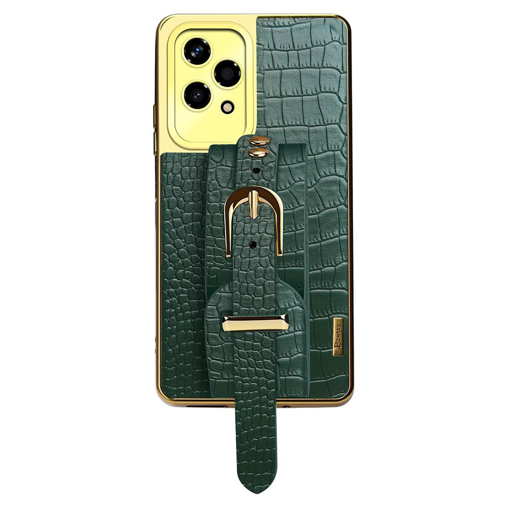 Honor 200 Lite Handyhülle – Schutzhülle mit Armband & Ständer, aus Leder in Krokodiloptik + TPU-galvanisiert