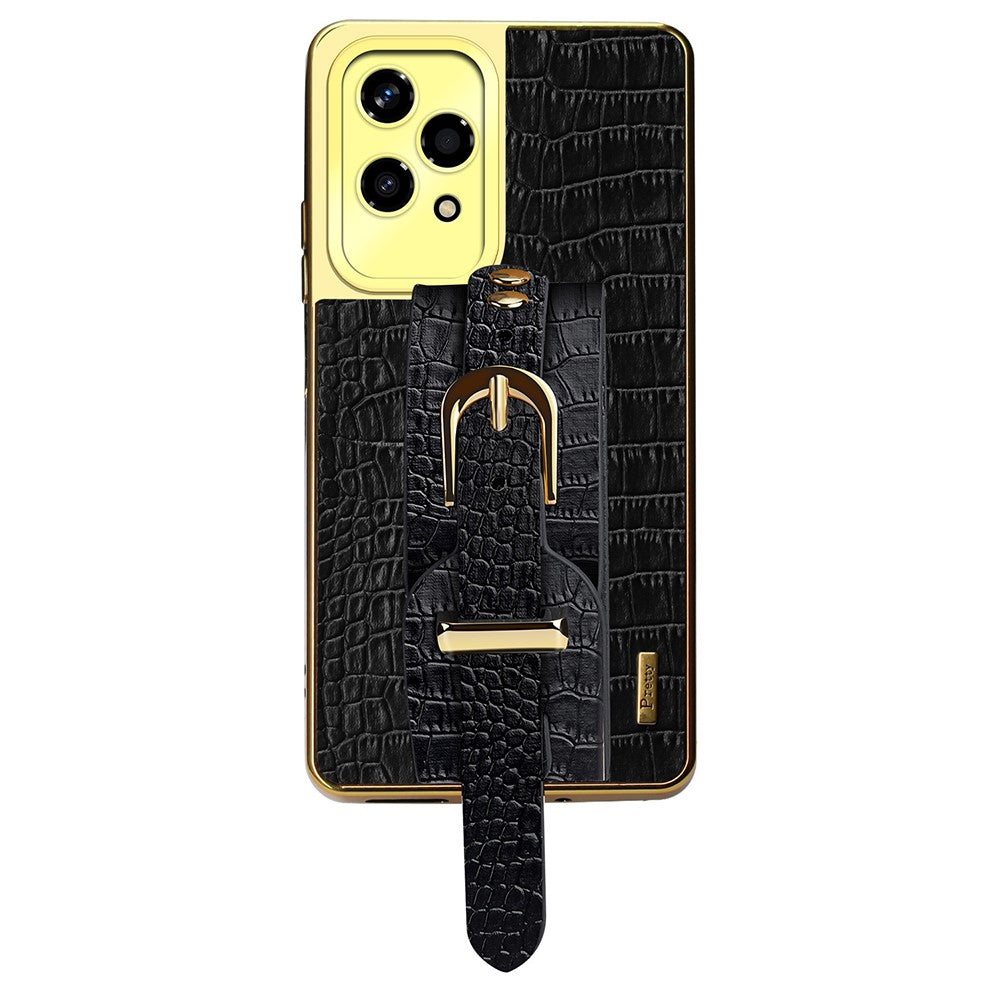 Honor 200 Lite Handyhülle – Schutzhülle mit Armband & Ständer, aus Leder in Krokodiloptik + TPU-galvanisiert